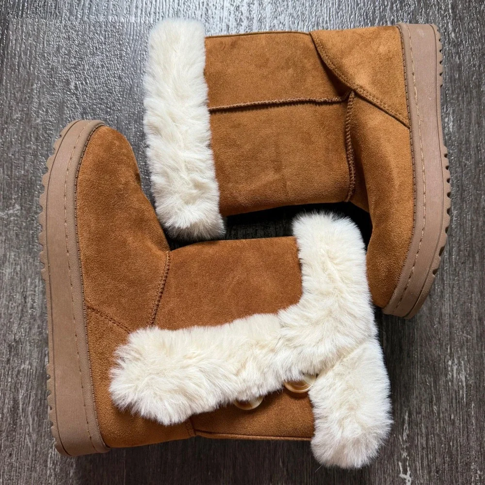 Unbranded Winter Boots Girls Size 2 Chestnut Brown Faux Fur Trim Toggle Suede
